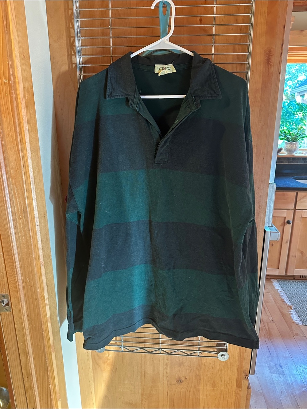 J. Crew Men's Forest Green and Blue Striped Rugby Pullover Large
